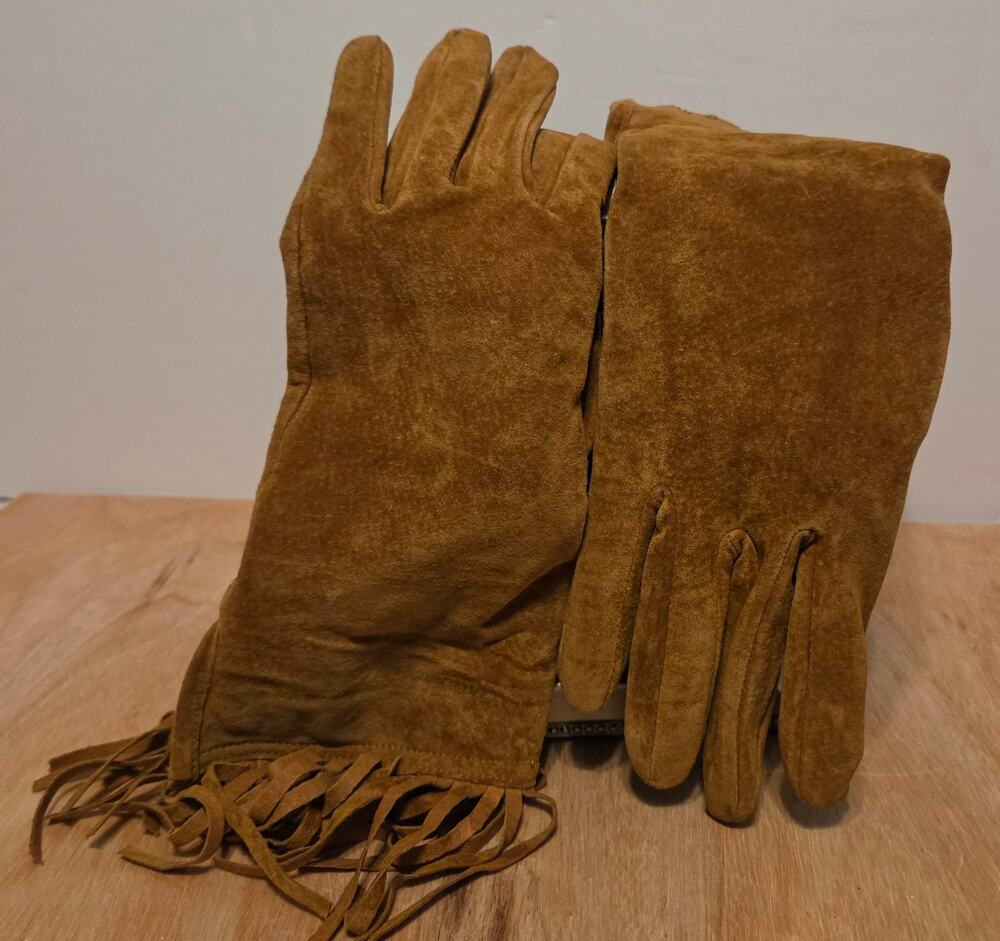 Gates Western 100% pigskin Suede Fringed Leather Gloves Med Brown size L